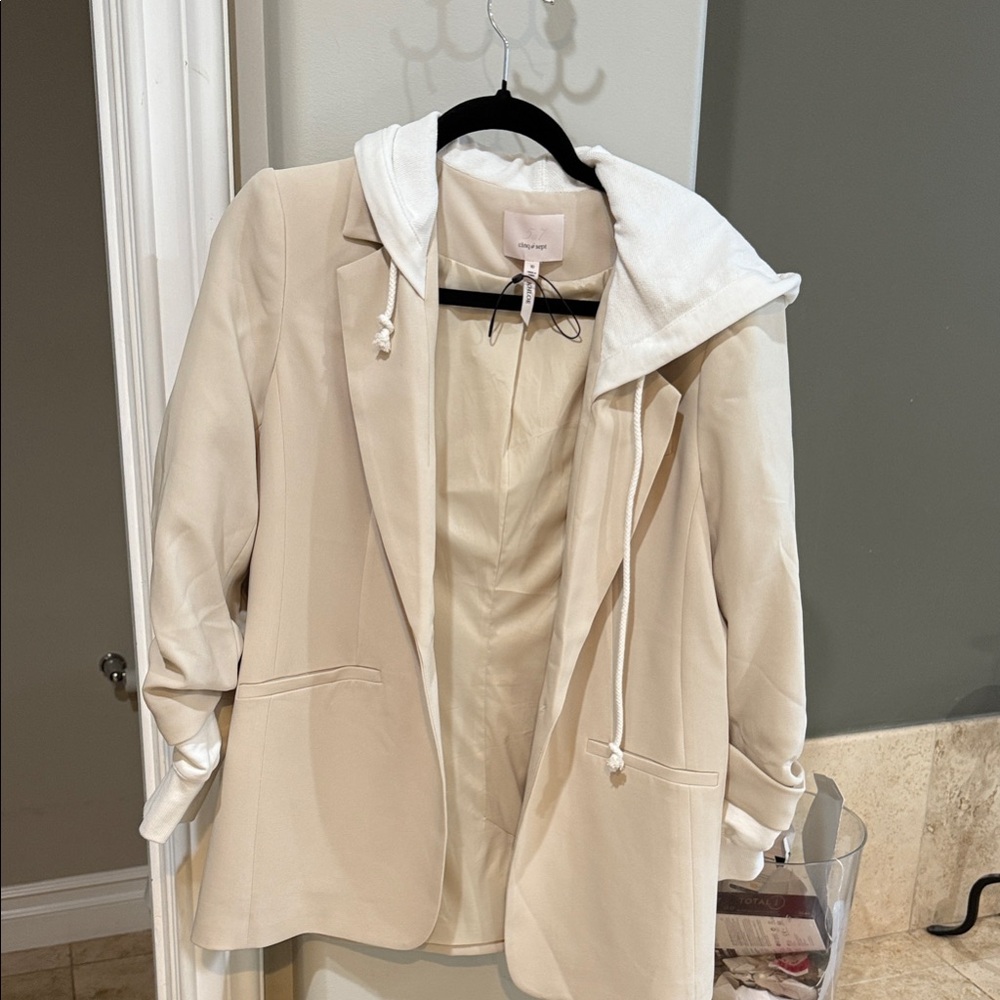 Cinq à Sept Beige Blazer with White Hoodie Accent